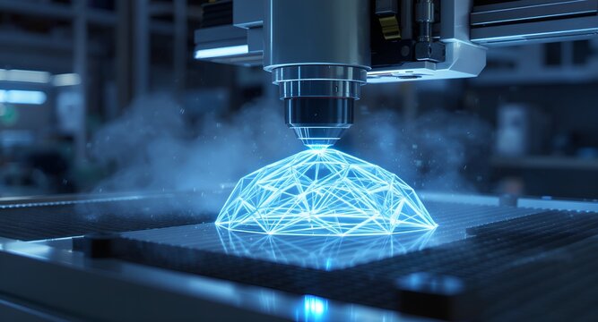 Intense energy from focused optics creating a large-scale bionic structure. Heavy-duty 3D printer highlights the future of automated manufacturing and sustainable architectural design.