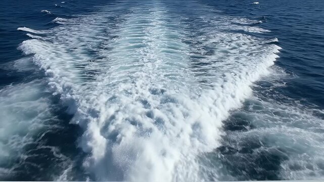 A powerful wake trails behind a boat across the deep blue ocean.