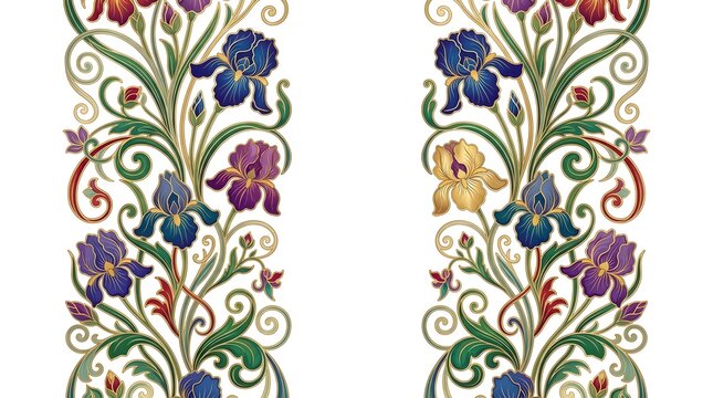Elegant vertical floral border featuring vibrant blooming iris flowers intertwined with swirling golden vines and intricate green foliage in a classical art nouveau style composition on a clean white 