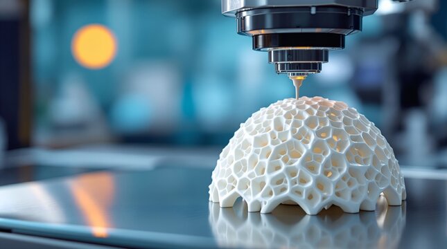 Macro view of a mechanical extruder depositing material for a complex cellular sphere. Automated robotic arm facilitating rapid prototyping in a state-of-the-art facility.