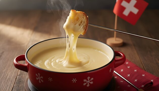 Traditional Swiss cheese fondue with bread dipped into hot melted cheese in a red pot for Swiss National Day celebration and Confederation Day holiday concept