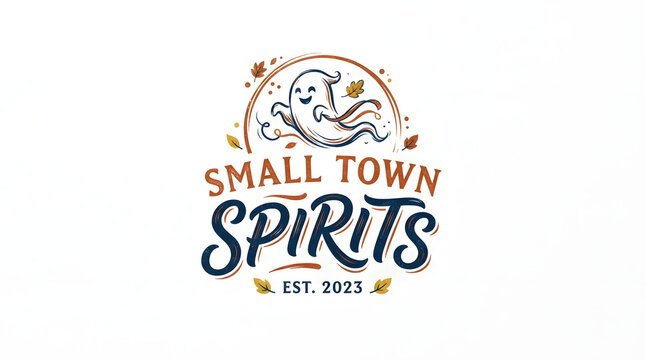 Cute ghost with swirling tentacles and autumn leaves small town spirits logo.