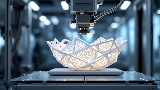 Advanced 3D printer robotic arm constructing a complex geometric lattice structure in a modern high-tech laboratory. Automated additive manufacturing process with precision laser technology.