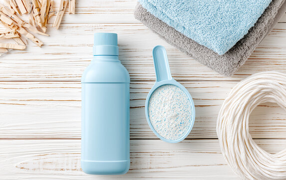 Flat lay composition with laundry detergents, clothespins and towels on white wooden background