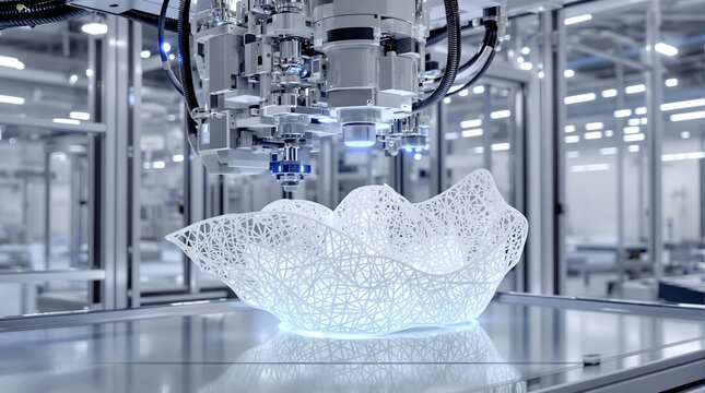 Sterile clinical laboratory setting showcasing an intricate glowing bionic structure. High-precision SLA additive manufacturing process pushing boundaries of modern engineering.
