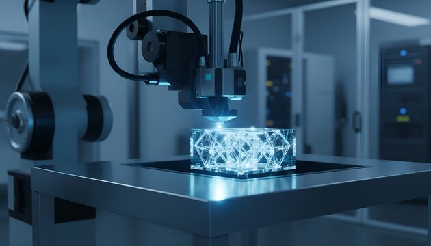 Automated robotic arm utilizing a specialized blue light end-effector to construct a bionic model. Smart factory floor showcasing the integration of advanced optics and robotics.