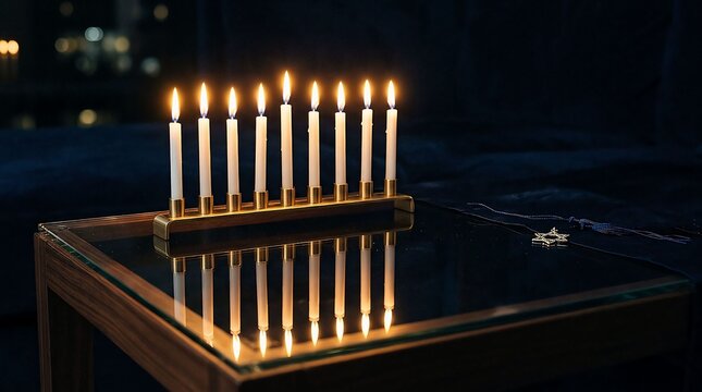 Hanukkah menorah with lit candles reflecting in water. Jewish holiday celebration with glowing lights and festive atmosphere.