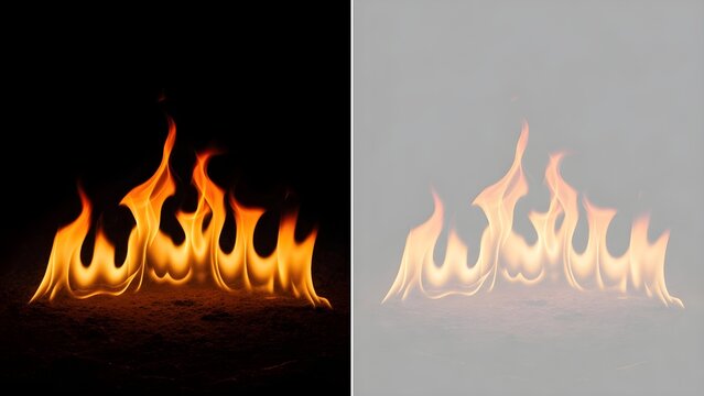 Realistic orange flames burning on a dark surface with a split screen grey background