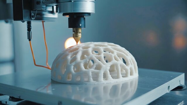 Multi-axis industrial robot completing the final layers of a symmetrical bionic framework. Heavy-duty automated extrusion pushing the limits of modern cybernetic construction.