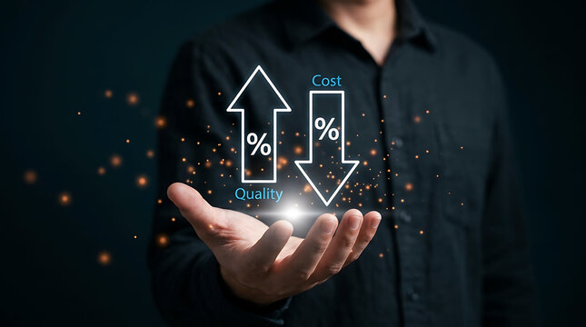 Businessman holding high quality and low cost percentage arrow icons in hand