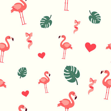Seamless vector pattern with cute pink flamingo, tropical Monstera leaves and red hearts on cream white background