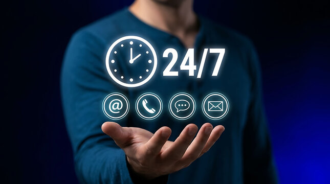 Man holding 24 7 customer support service communication contact icons concept