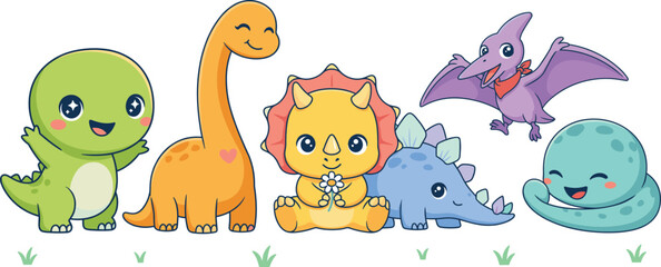 Cute Cartoon Dinosaur Character Vector Set with Smiling T-Rex Triceratops Brachiosaurus and Pterodactyl Illustrations for Kids Designs © Habiba