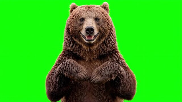 Realistic grizzly bear happy celebration dance, rhythmic joyful movement and victorious business success concept isolated on chroma key green screen background. 3D.