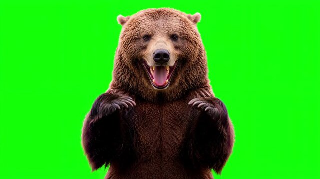 Realistic grizzly bear happy celebration dance, rhythmic joyful movement and victorious business success concept isolated on chroma key green screen background. 3D.