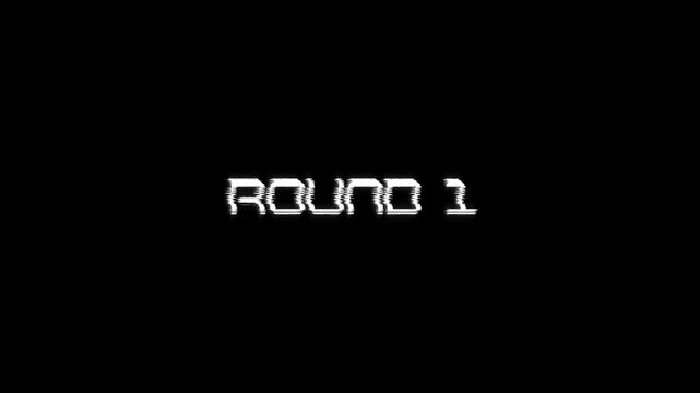 round 1 pixel text animation gaming screen retro glitch effect, 8-bit video game round 1 text vintage arcade esports scenes black background 4k video