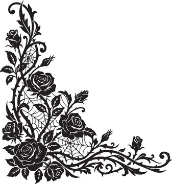 Elegant floral corner design featuring detailed black roses and intricate lace patterns on a white background