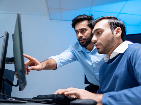 Software engineering use computer working development office are assisting algorithm systems or verifying code. Programmer teamwork using artificial intelligence on laptop analysis or writing coding 