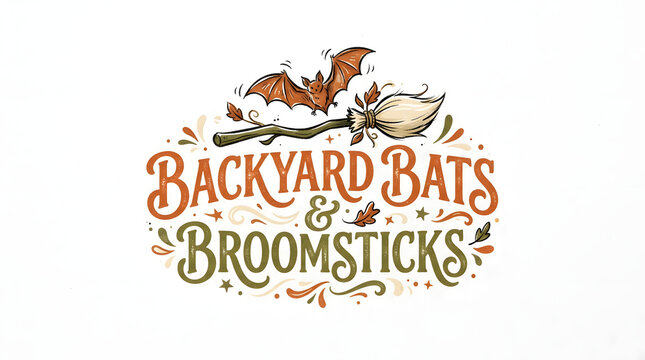 Bat on broomstick with autumn leaves and swirling patterns for backyard bats theme.