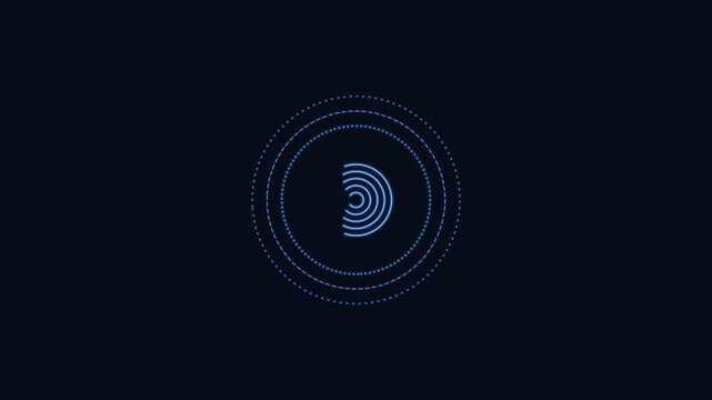 fingerprint scan line icon with rotating security rings, blue neon style