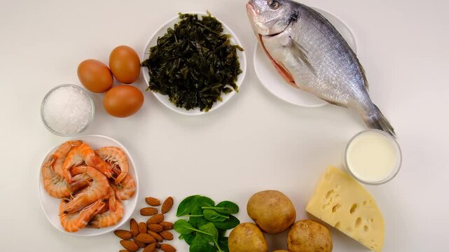 Foods that contain iodine. Selective focus.
