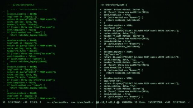 Retro Green CRT Terminal Git Diff Split Panel Code Review Version Control Loop Motion Graphic