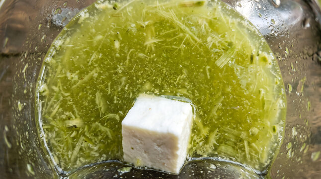 Fresh Green Sugarcane Juice with Pulp and White Water Chestnut Cube in Glass Cup Top Down Close-Up