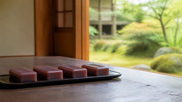 黒い漆の菓子盆に並ぶ小豆ういろう 初秋の伝統的な蒸し菓子