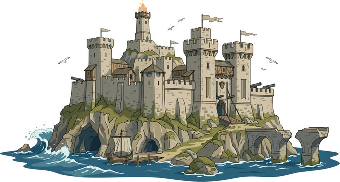 Medieval fortress stone castle on rocky island ocean coast with towers flags ship and waves vector cartoon illustration