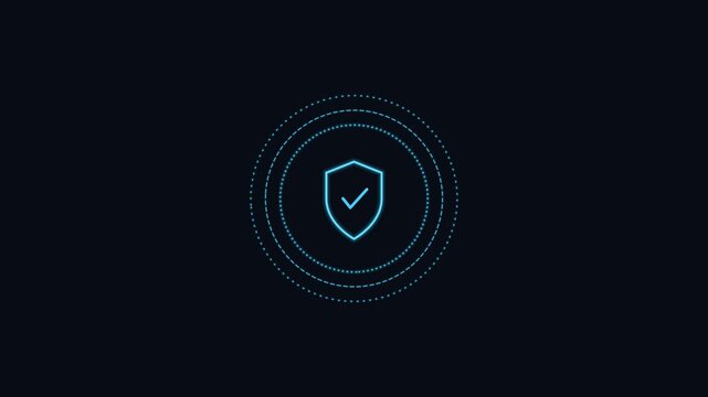 verified secure shield line icon with a check and rotating rings, cyan neon style