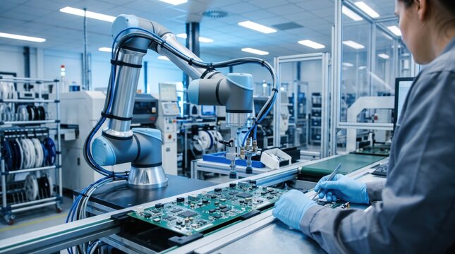 Worker wearing blue gloves manually inspecting circuit board while silver collaborative robot assists on conveyor belt in electronics factory