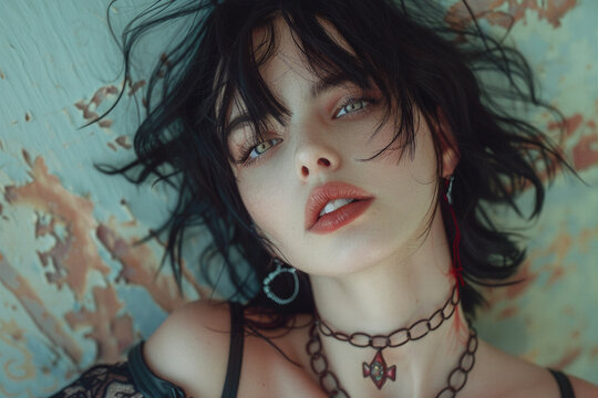 Windblown Fashion Portrait Against a Weathered Surface