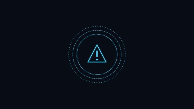 security warning alert line icon with rotating rings, cyan neon style