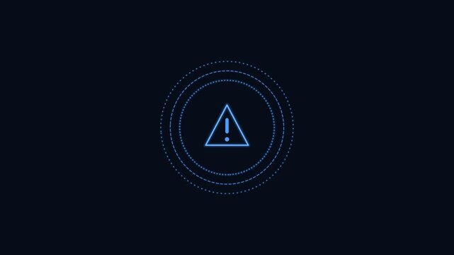 security warning alert line icon with rotating rings, blue neon style