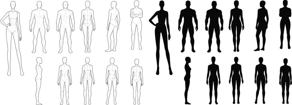 Male and Female Fashion Croquis Body Template Collection with Silhouette and Outline Poses