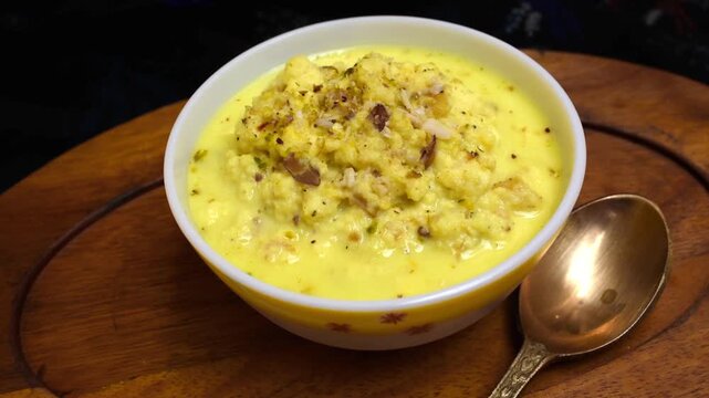 homemade yellow kesar rasmalai kheer served in a white bowl on a rustic wooden tray, Indian dessert perfect for Diwali, Navratri, Janmashtami and other festive celebrations