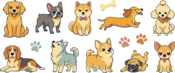 Fototapeta premium Cute Cartoon Dog Breed Character Vector Set with Happy Puppies Corgi French Bulldog Pug and Beagle Illustrations