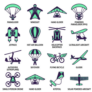 Flying vehicles and sports equipment icons.