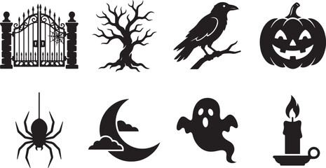 Obraz premium Set of black silhouette icons for halloween featuring spooky elements like a pumpkin ghost and a raven