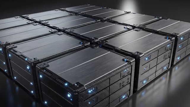 A cluster of server racks with blue indicator lights.