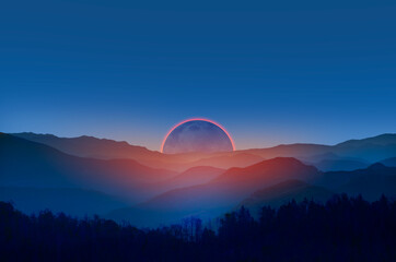Obraz premium Beautiful landscape with cascade blue mountains at the morning with solar eclipse - View of wilderness mountains during foggy weather