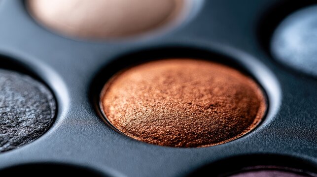 Close up of a circular makeup palette with shimmery colors and shadows