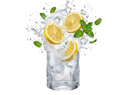 Fresh lemon slices with ice cubes and mint leaves splashing in a glass of cold water