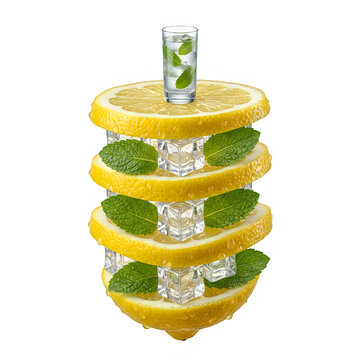 Fresh lemon slices with mint leaves and ice cubes stacked in a tall tower