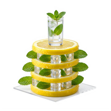 Stack of fresh lemon slices with ice cubes and green mint leaves topped with a small glass