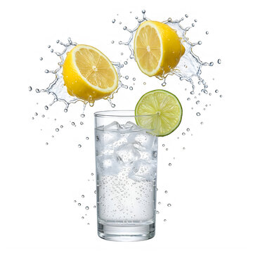 Fresh lemon and lime slices falling into a glass of cold water with ice and refreshing water splash