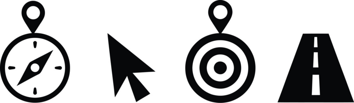 Vector black navigation icon set with compass map pin pointer cursor target destination and road isolated on white background.