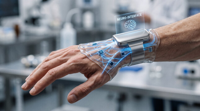 Wearable neuro-prosthetic device for rehabilitation of an atrophic hand.