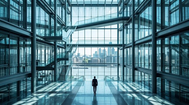 Businessman Standing in Modern Corporate Atrium