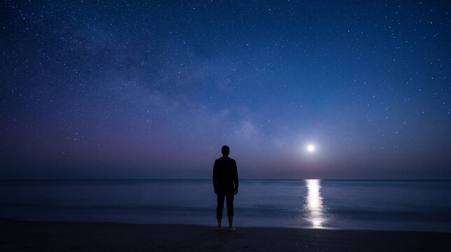 Man Standing on Beach Under Starry Night Sky
